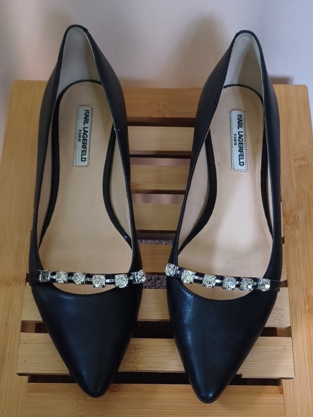Karl Lagerfeld Paris Black Pointed Flats with Crystal Embellishment Size 6